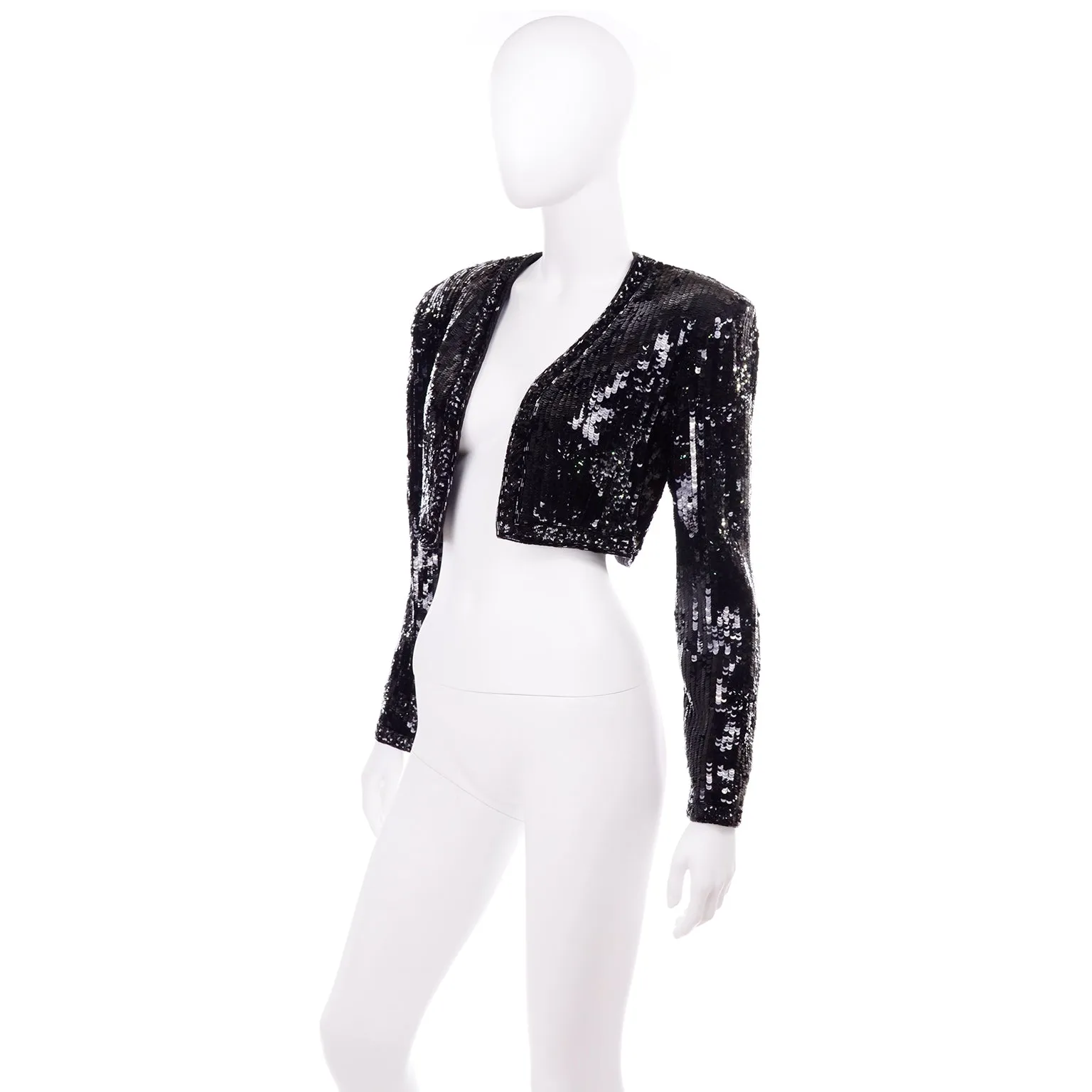 1990s Fabrice Silhouette Beaded & Sequin Cropped Black Evening Jacket