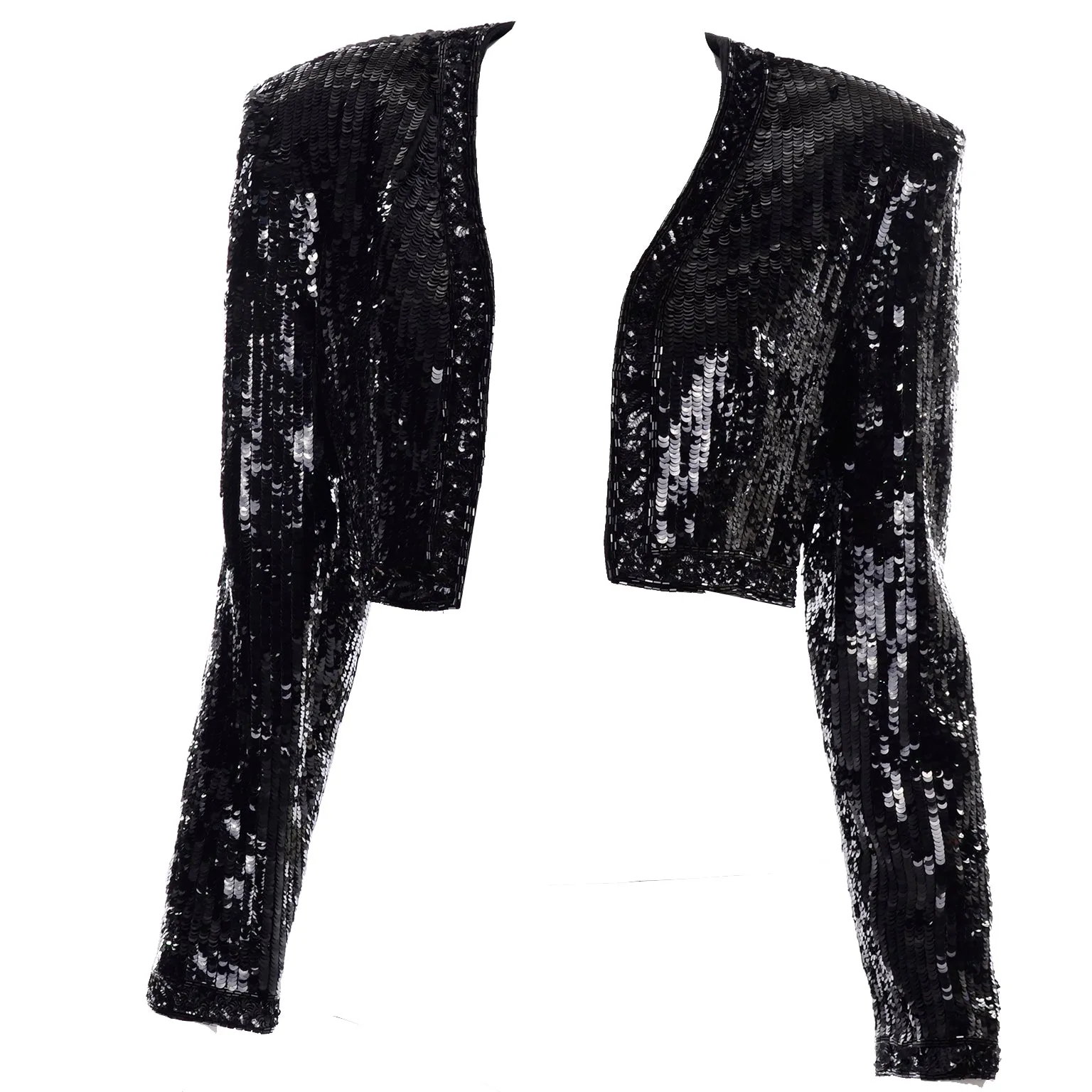 1990s Fabrice Silhouette Beaded & Sequin Cropped Black Evening Jacket