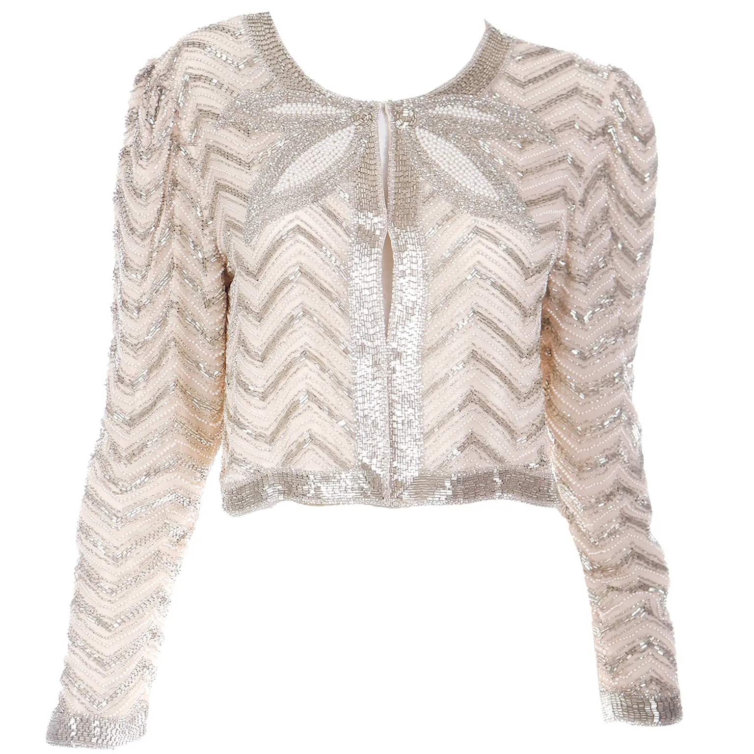 1990s Vintage Neiman Marcus Silk Beaded Ivory & Silver Evening Jacket