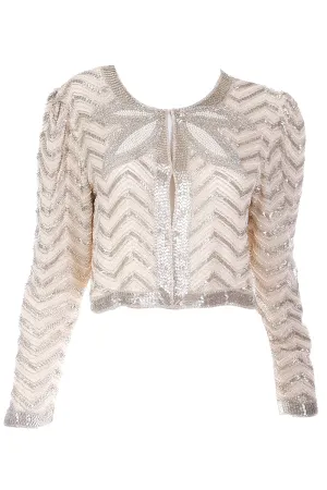 1990s Vintage Neiman Marcus Silk Beaded Ivory & Silver Evening Jacket