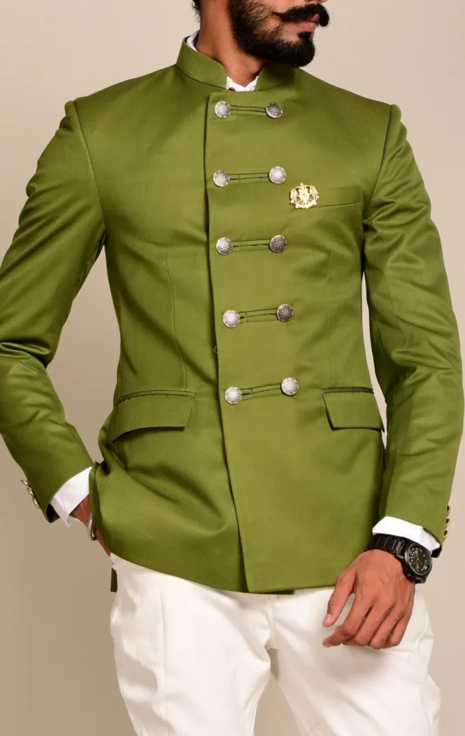 Aesthetic Pear Green Double Breasted Jodhpuri Bandhgala with White Trouser | Perfect for Cocktail Party , Wedding wear , Functional wear|