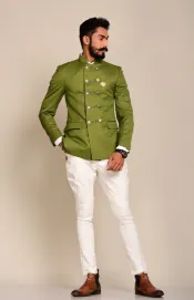 Aesthetic Pear Green Double Breasted Jodhpuri Bandhgala with White Trouser | Perfect for Cocktail Party , Wedding wear , Functional wear|