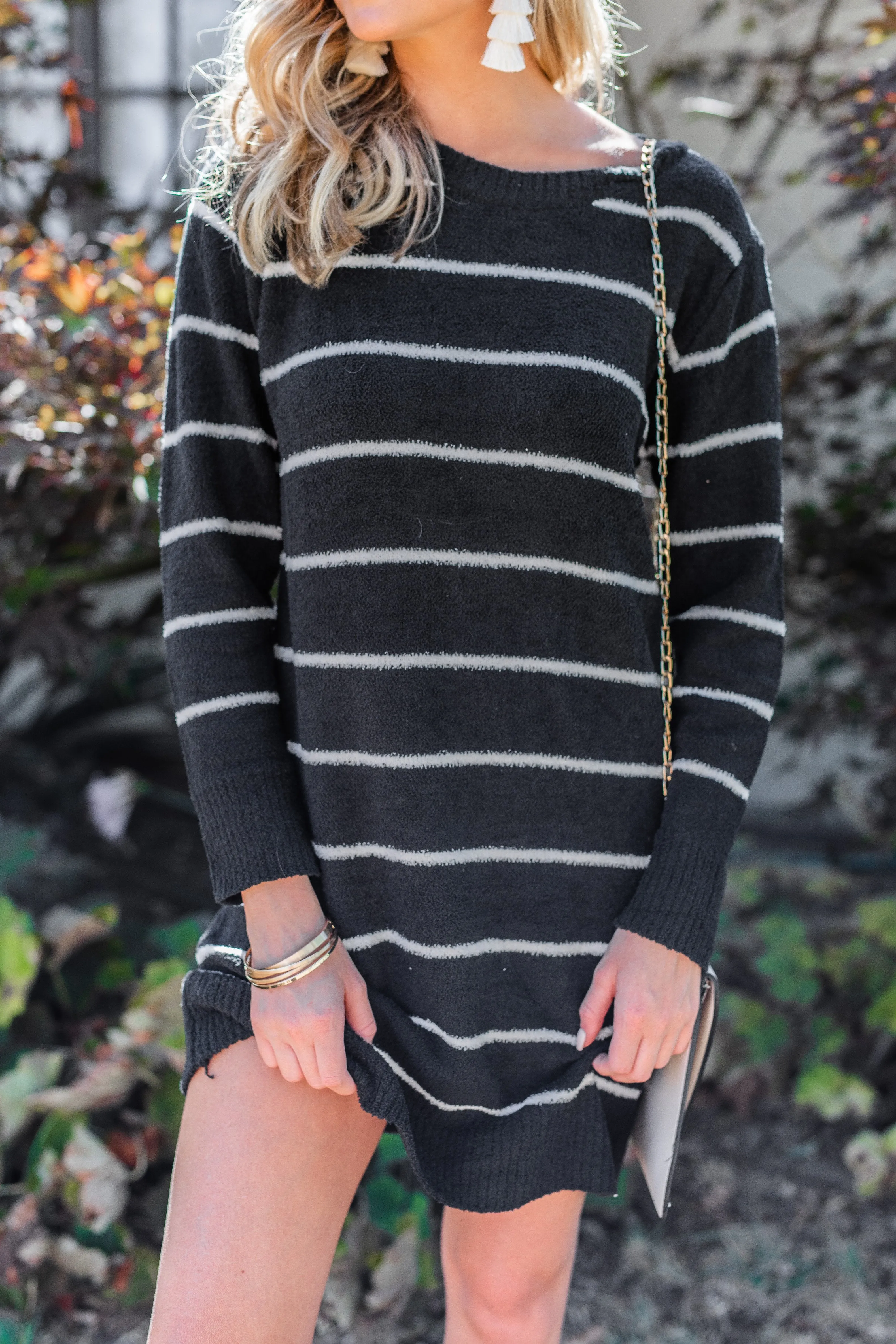 Answer The Call Black Striped Sweater Dress