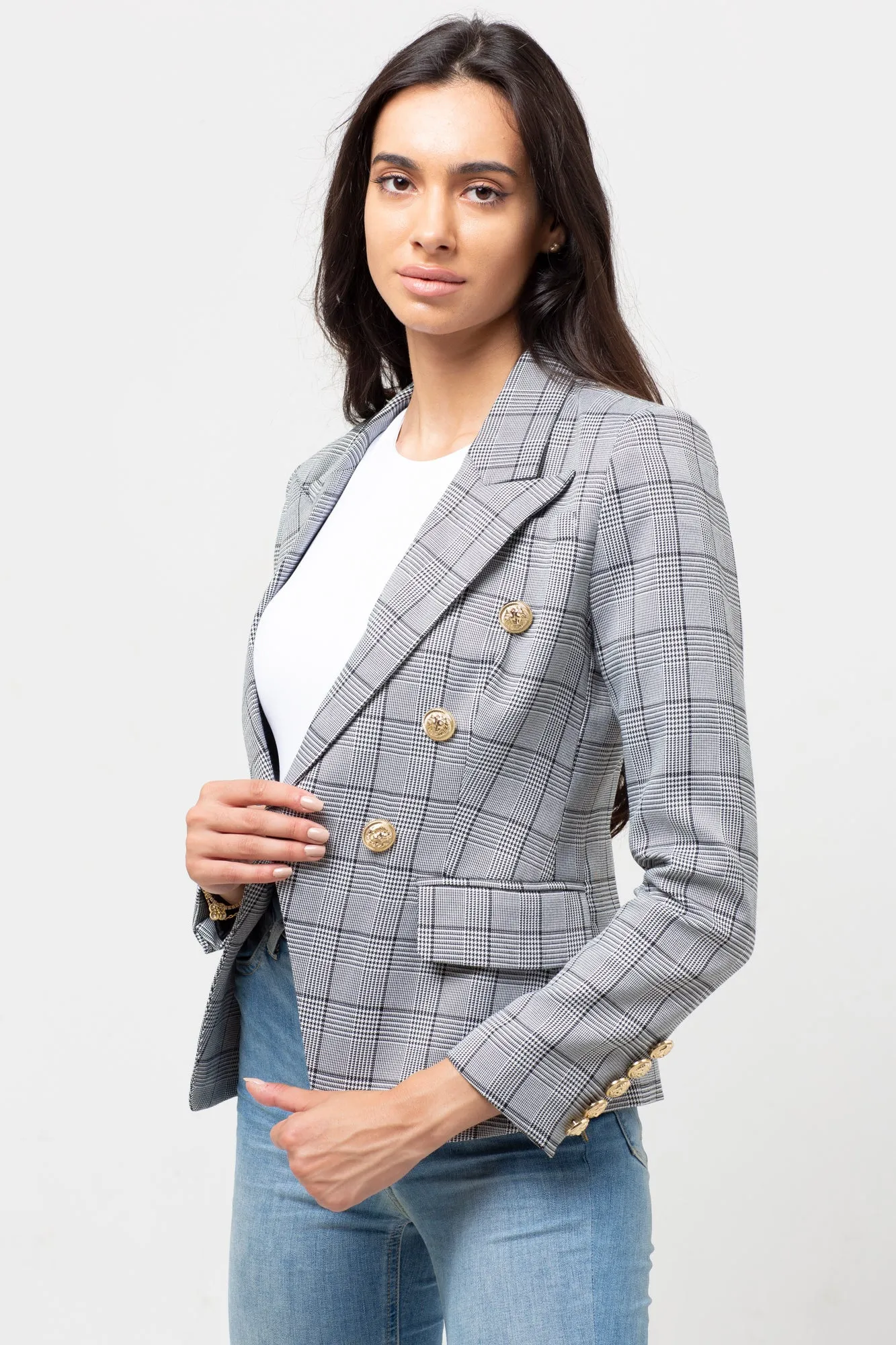 BLACK & WHITE PLAID BLAZER GOLD BUTTONS