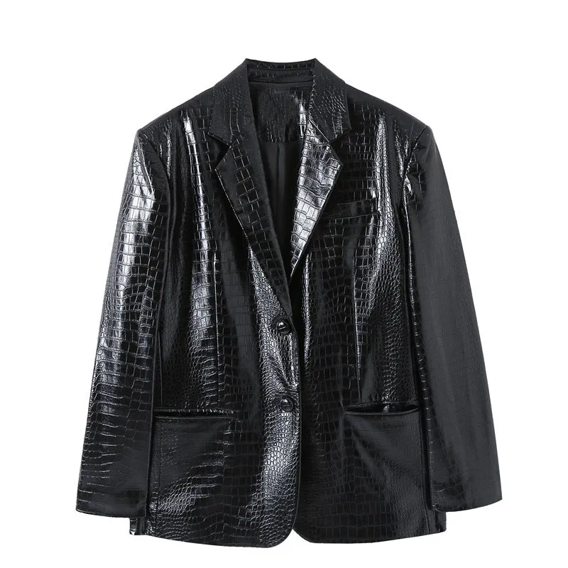 Black Sapphire Crocodile Print Leather Blazer