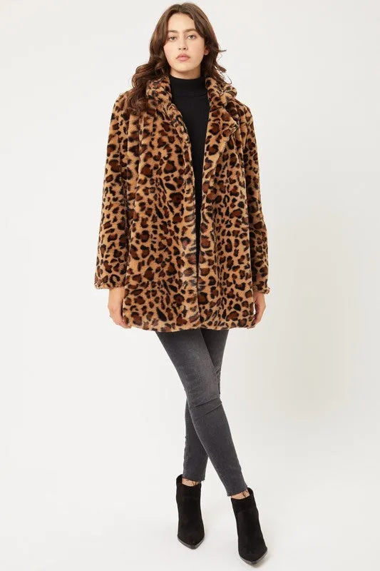 Brown Leopard Print Notch Collar Faux Fur Teddy Coat