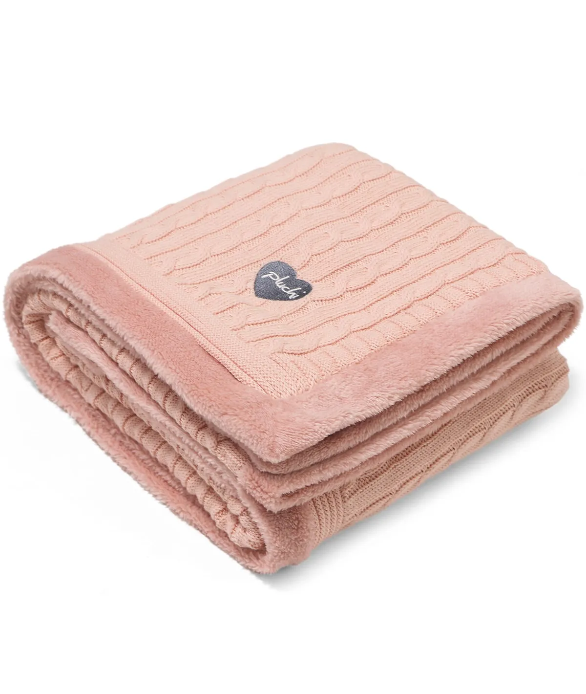 Cable Knit with Embroidered Heart- Baby Pink Cotton Knitted Blanket With Faux Fur Back For Babies