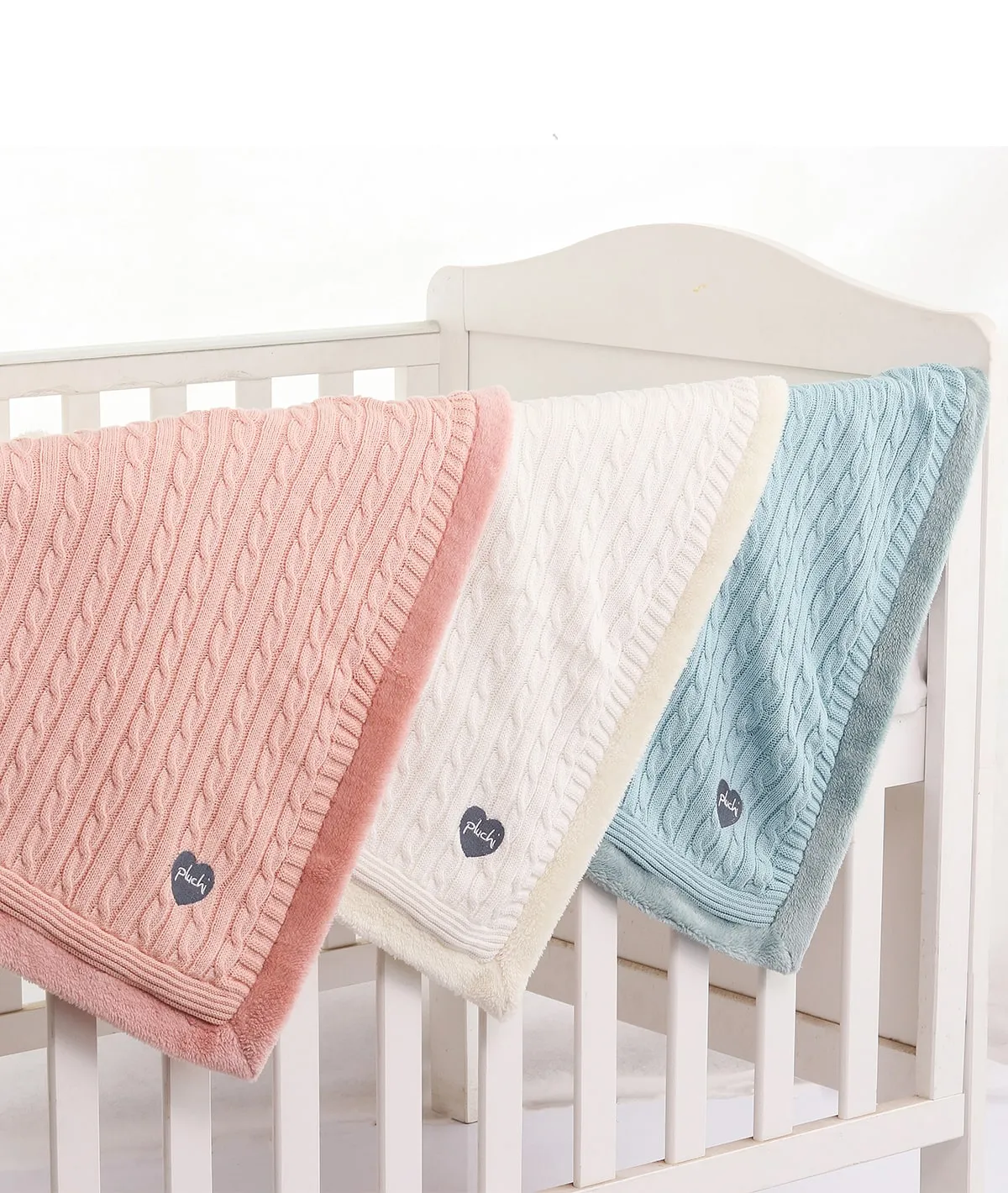 Cable Knit with Embroidered Heart- Ivory Cotton Knitted Blanket With Faux Fur Back For Babies