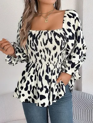 Casual Allover Print Square Neck Shirred Ruffle Hem Blouse