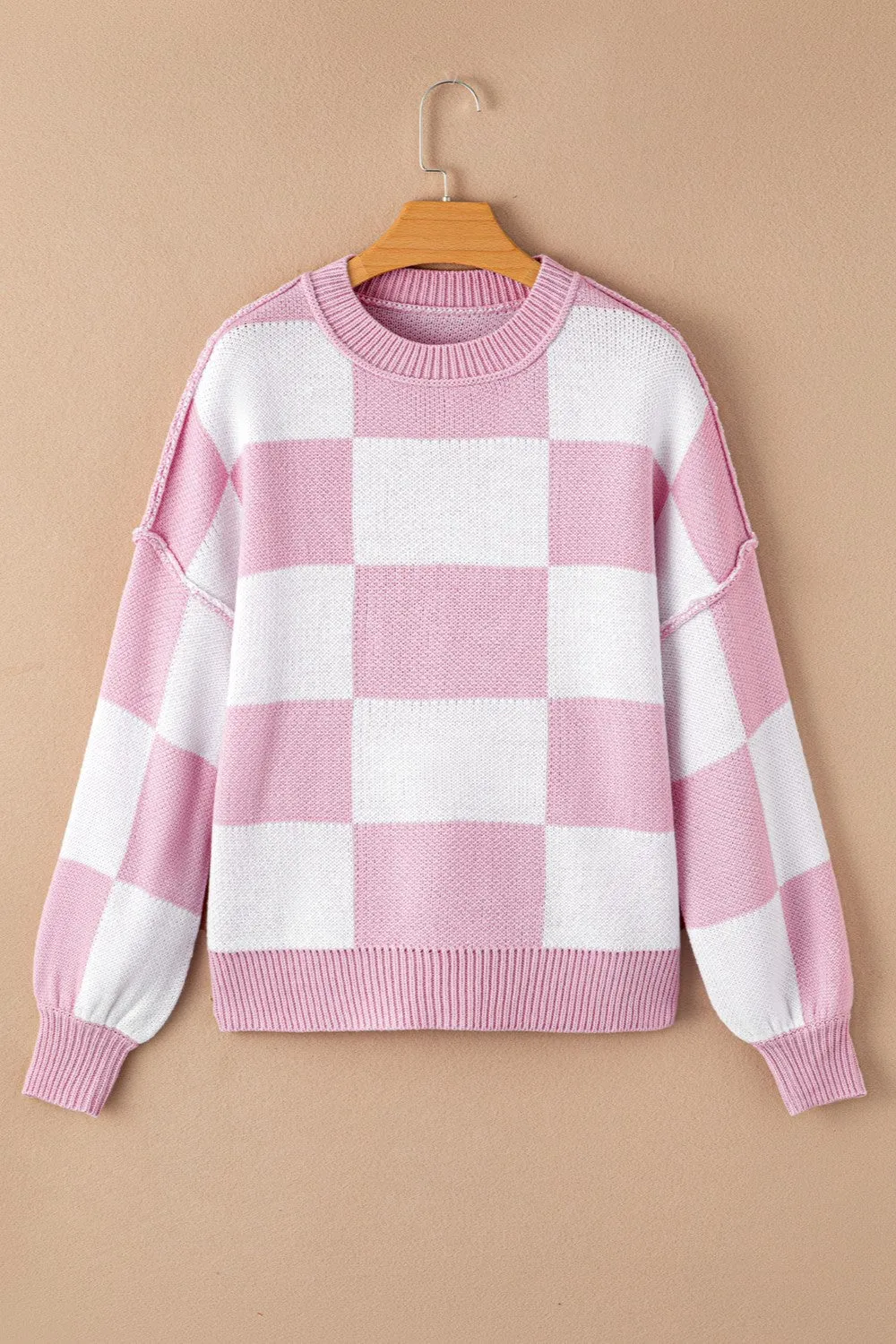 Checkered Exposed Seam Drooped Shoulder Sweater