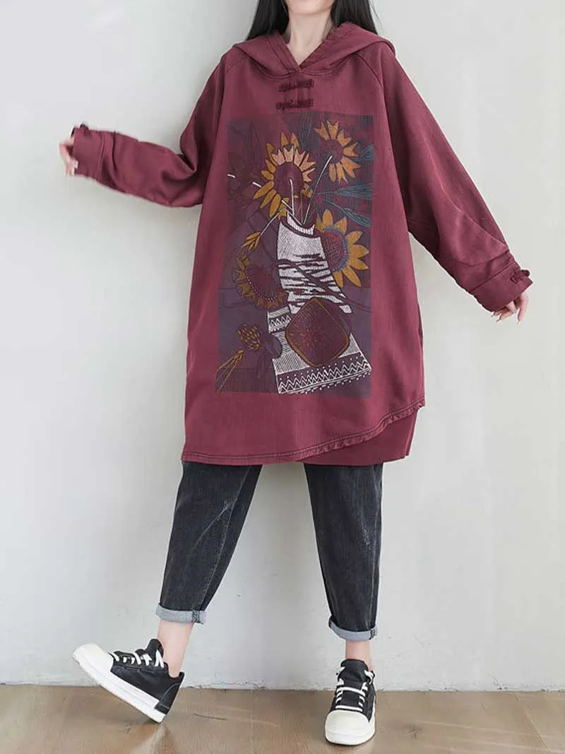 City Of Stars Floral Print Hooded Sweater Midi Dress