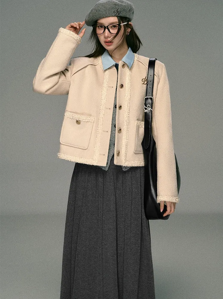 Classic Tweed Cropped Jacket: Beige Button-Front Blazer with Frayed Edges and Gold Logo Pin