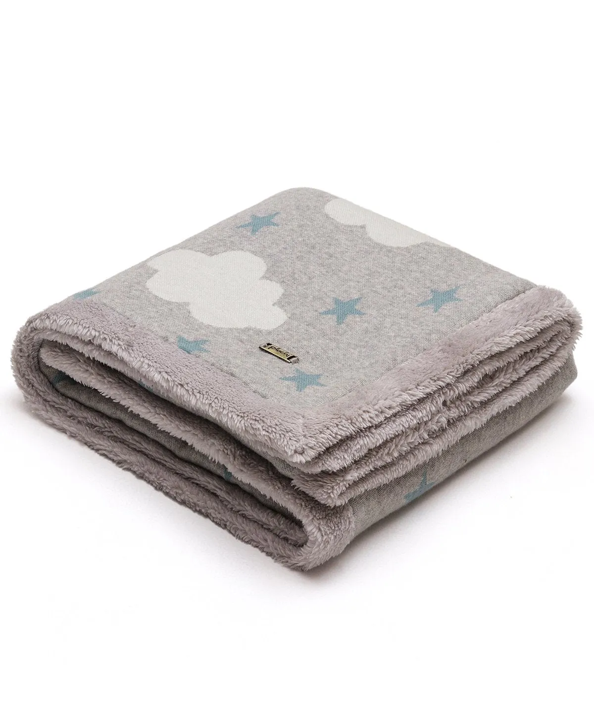 Clouds & Stars - Vanilla Grey Cotton Knitted Blanket with Faux Fur Back for Babies