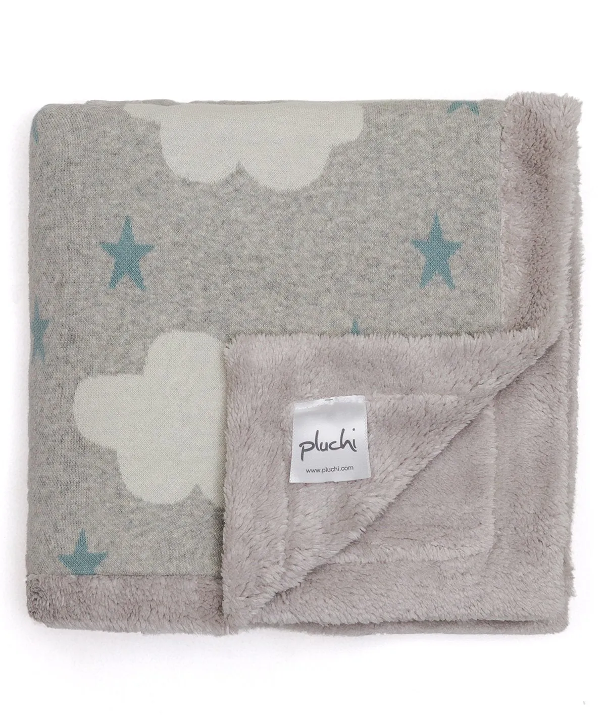 Clouds & Stars - Vanilla Grey Cotton Knitted Blanket with Faux Fur Back for Babies