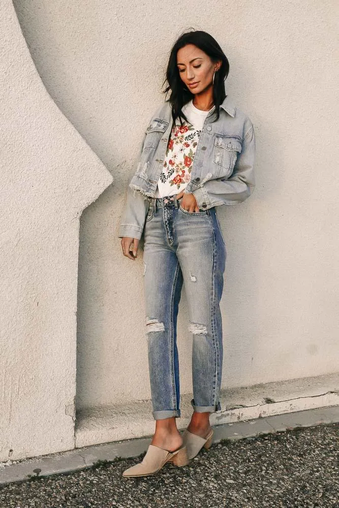 Cropped Distressed Denim Jacket