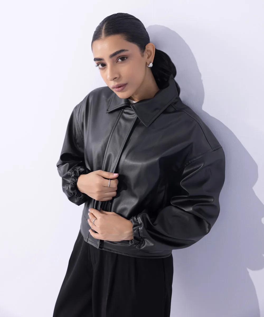 Cropped Faux Leather Jacket