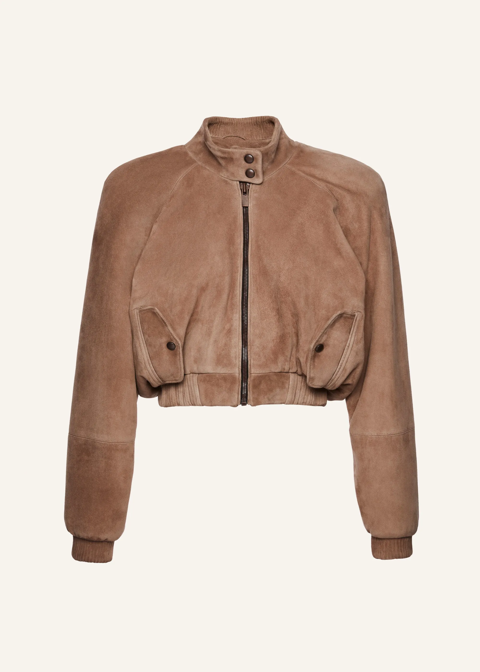 Cropped leather bomber jacket in beige suede