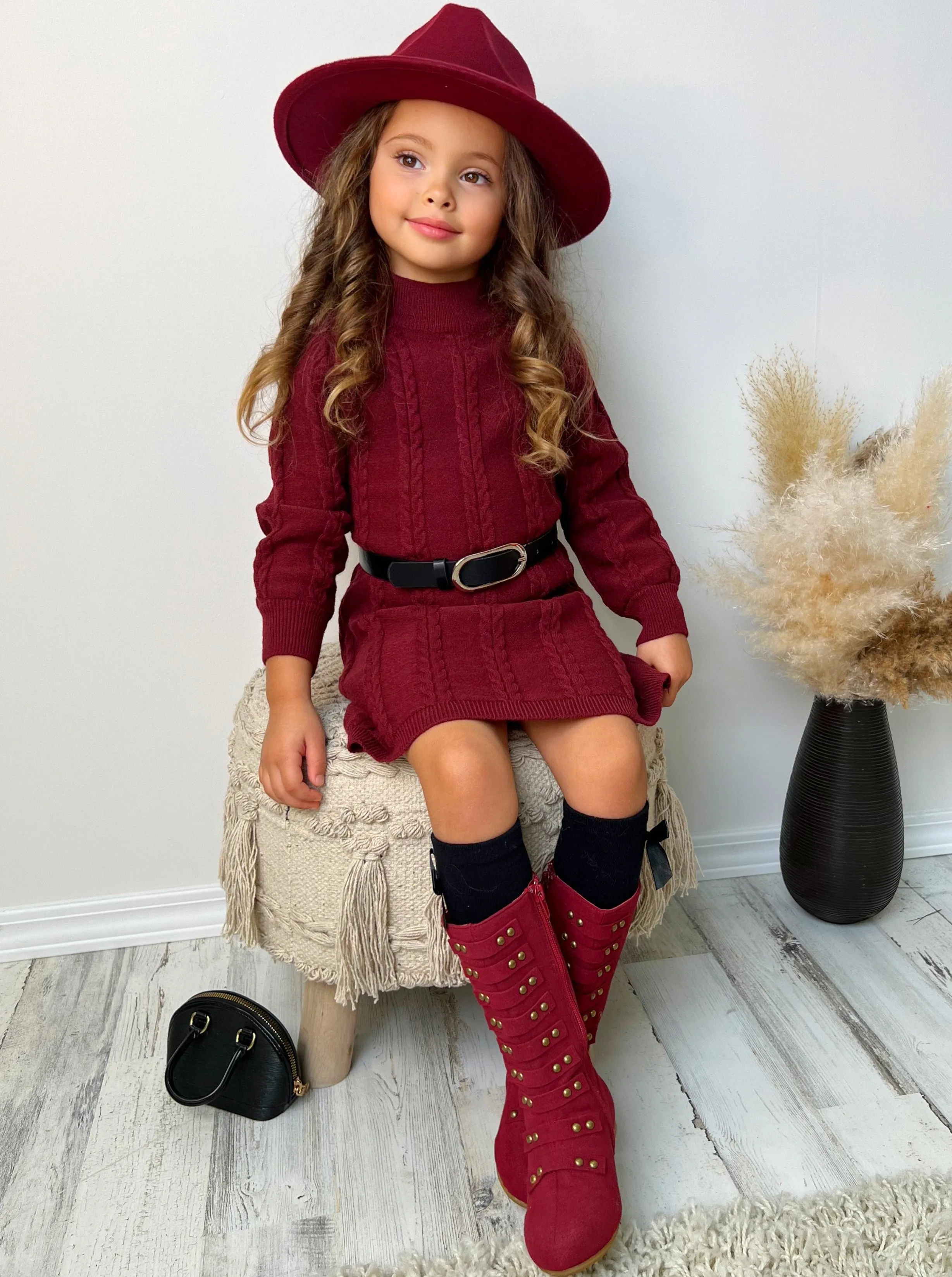 Cute Cranberry Cable Knit Belted Sweater Dress