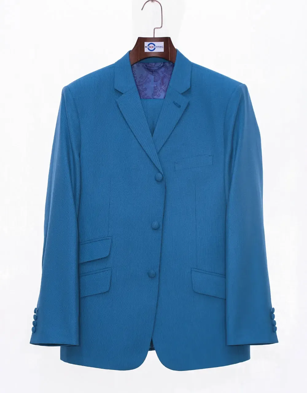 Deep Sky Blue Birdseye 3 Button 60s Fashion Blazer Jacket