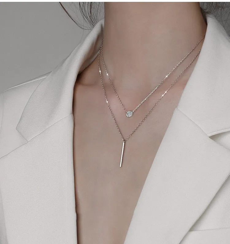 Double-Layered Necklace With Plate And Bar Pendant (Rose Gold   Silver)