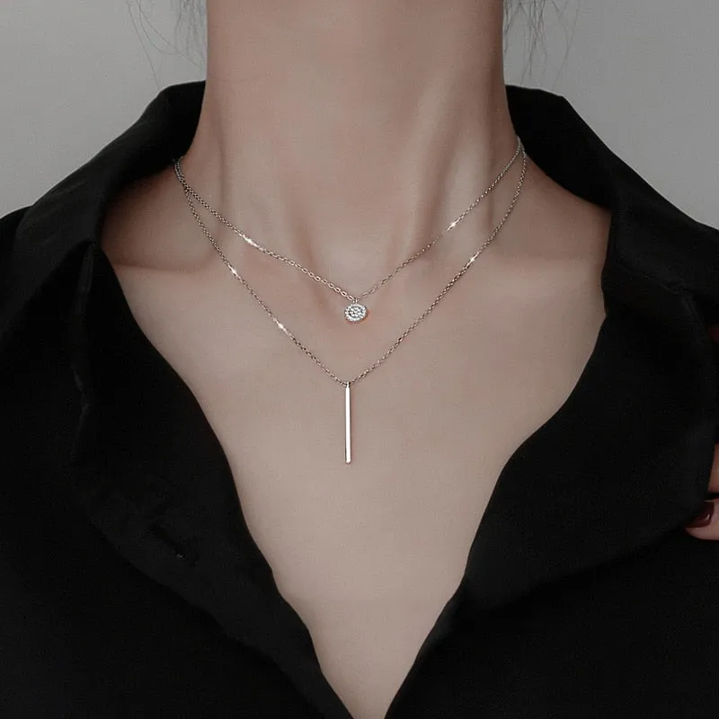 Double-Layered Necklace With Plate And Bar Pendant (Rose Gold   Silver)