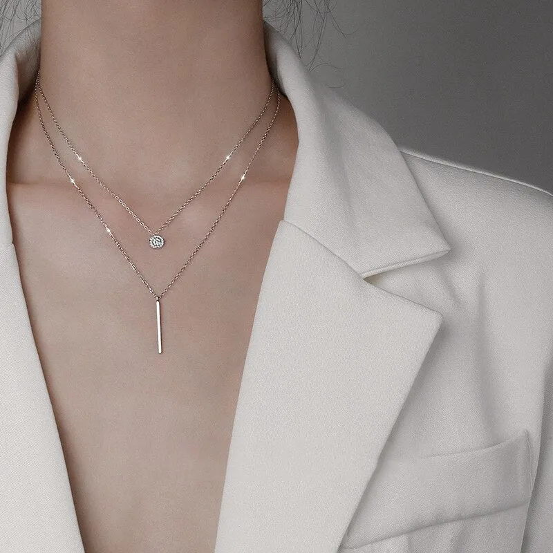 Double-Layered Necklace With Plate And Bar Pendant (Rose Gold   Silver)