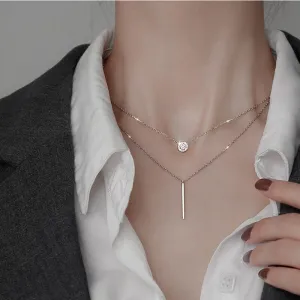 Double-Layered Necklace With Plate And Bar Pendant (Rose Gold   Silver)