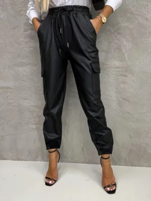 Drawstring High Waist Cargo Sweatpants with Pockets (Black/Caramel)