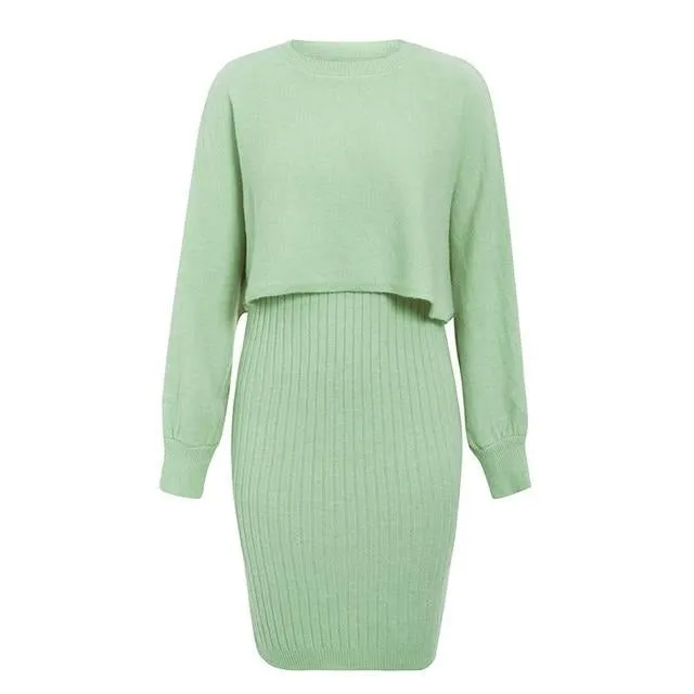 Elegant Two Pieces Knitted Slim Sleeveless Sweater Pullover Dress