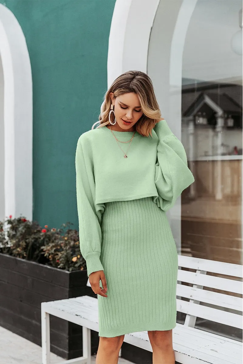 Elegant Two Pieces Knitted Slim Sleeveless Sweater Pullover Dress