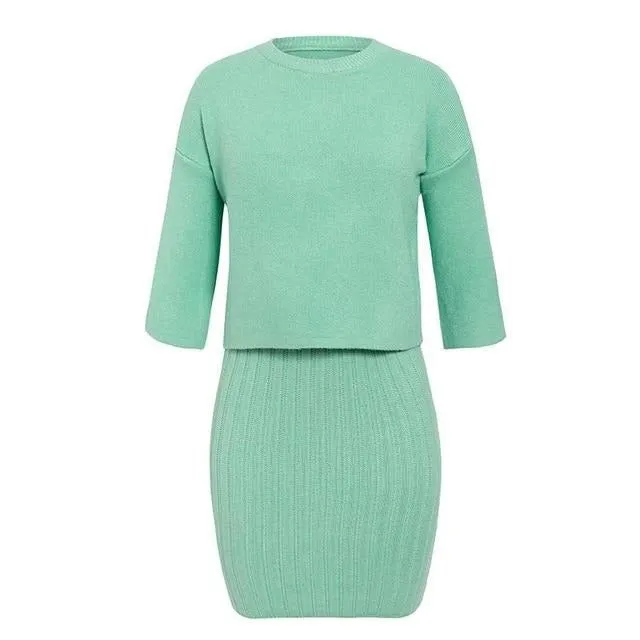 Elegant Two Pieces Knitted Slim Sleeveless Sweater Pullover Dress