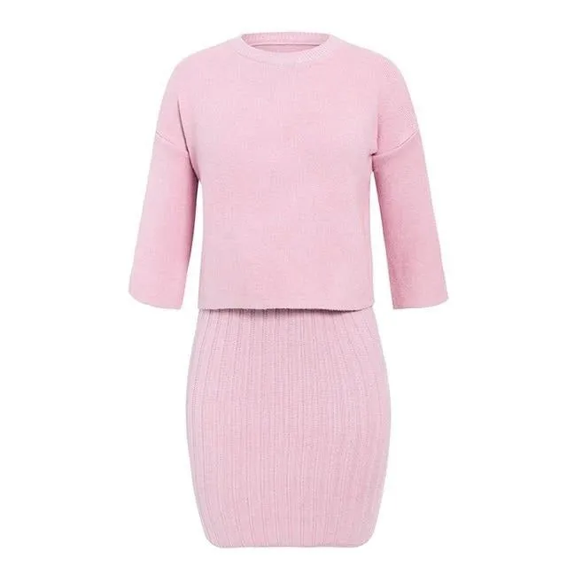 Elegant Two Pieces Knitted Slim Sleeveless Sweater Pullover Dress