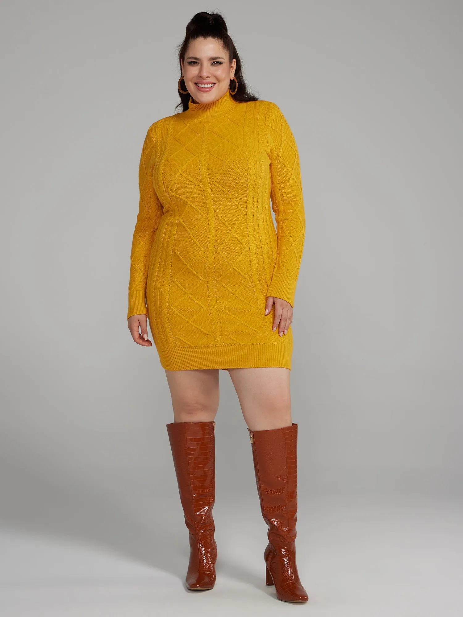 Fashion To Figure - Back Cutout Cable Knit Sweater Dress