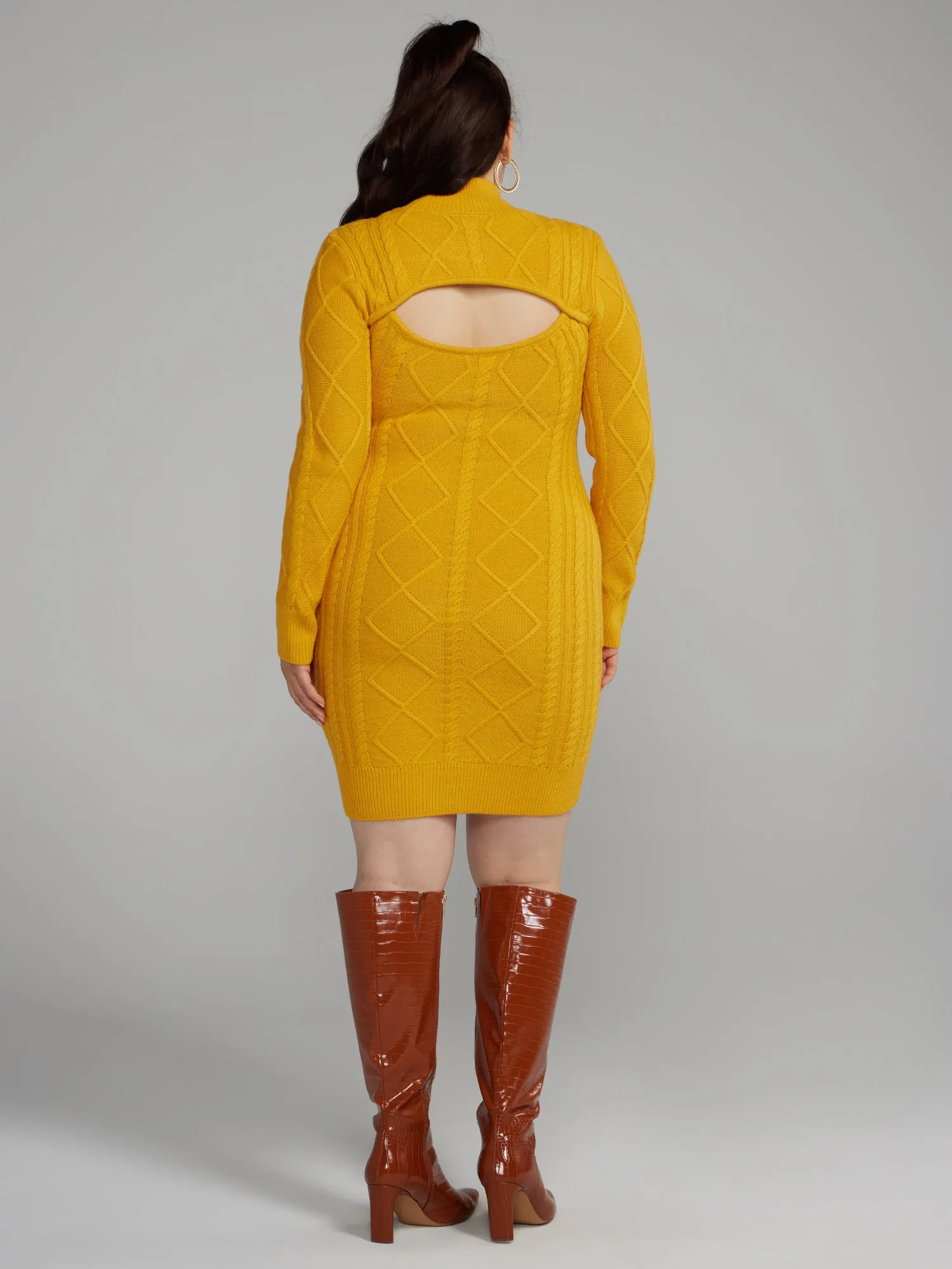 Fashion To Figure - Back Cutout Cable Knit Sweater Dress