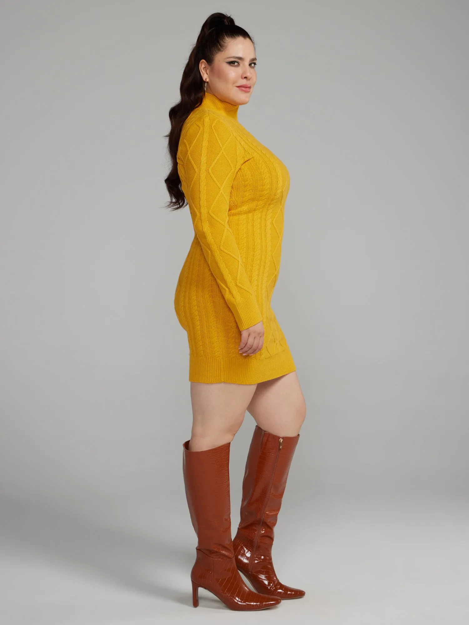 Fashion To Figure - Back Cutout Cable Knit Sweater Dress