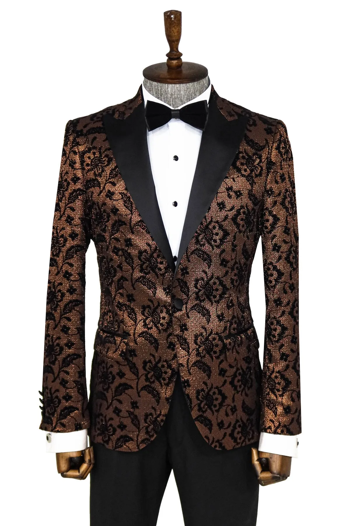 Floral Patterned Peak Lapel Gold Men Singer Party Blazer - Wessi