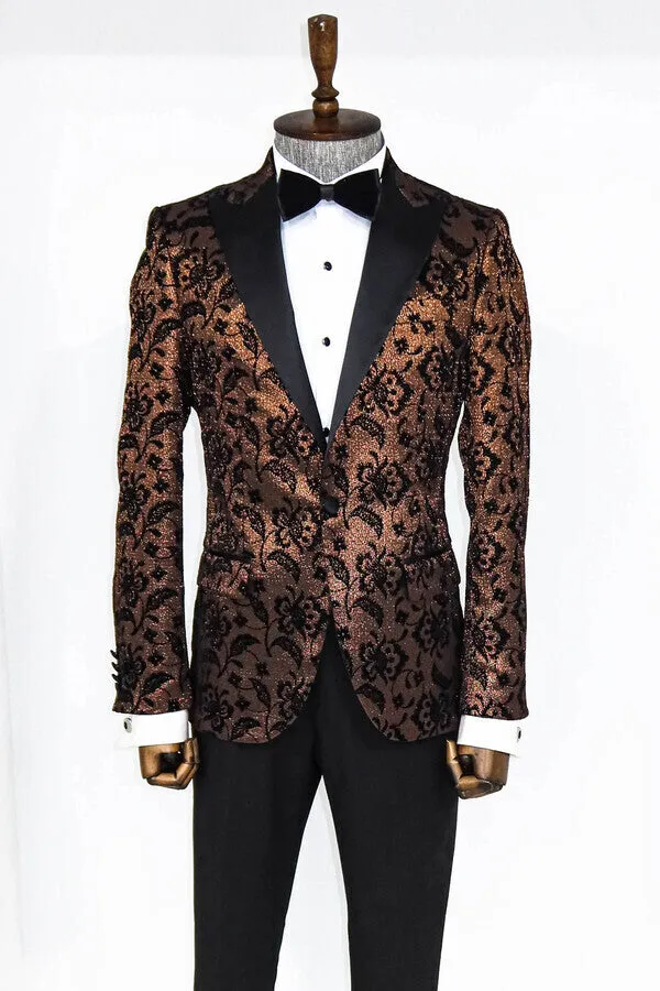 Floral Patterned Peak Lapel Gold Men Singer Party Blazer - Wessi