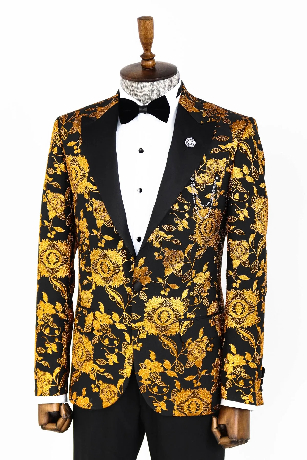 Floral Patterned Slim Fit Yellow Men Party Blazer - Wessi