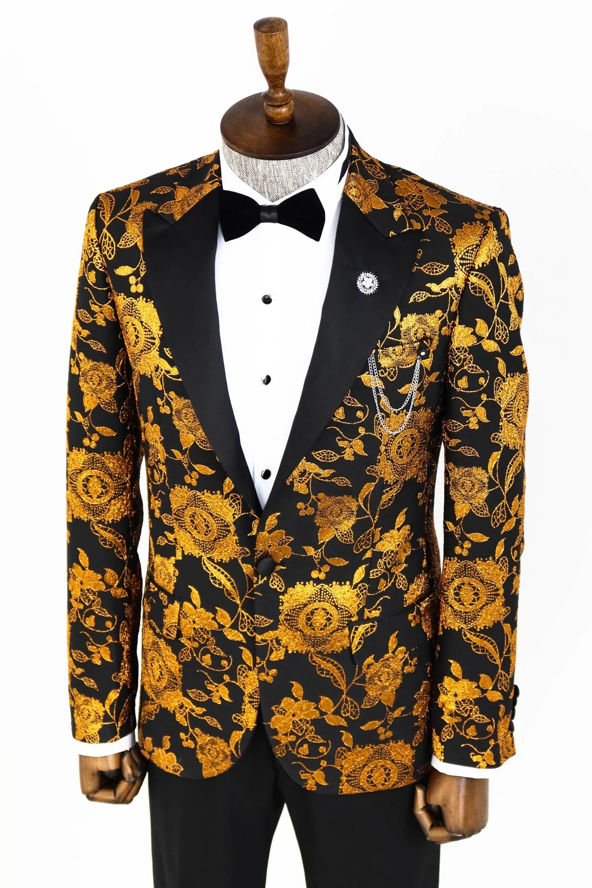 Floral Patterned Slim Fit Yellow Men Party Blazer - Wessi