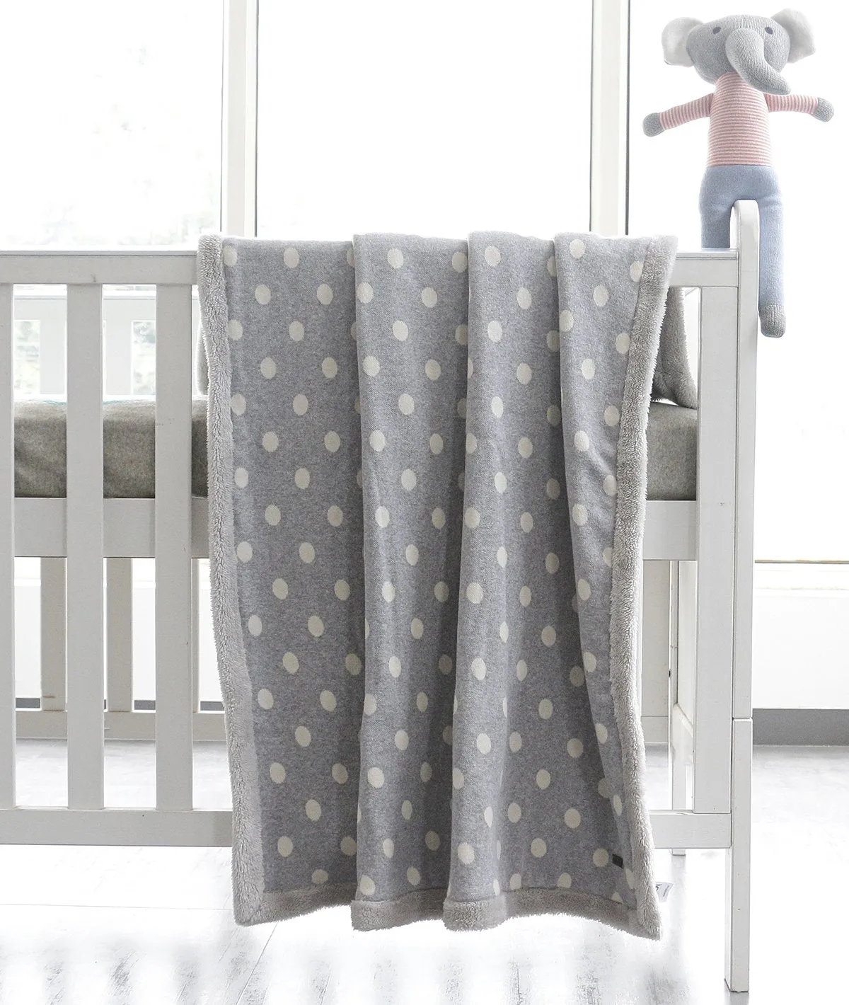 Fun with Dots - Light Grey Cotton Knitted Blanket with Faux Fur Back for Babies