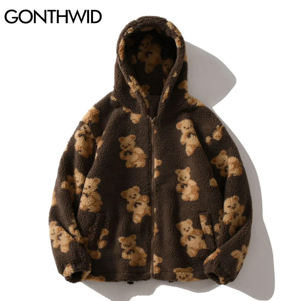 GONTHWID Fleece Hooded Jackets Streetwear Casual Harajuku Hip Hop Men Women Fashion Bear Print Full Zip Hooded Coat Tops Outwear