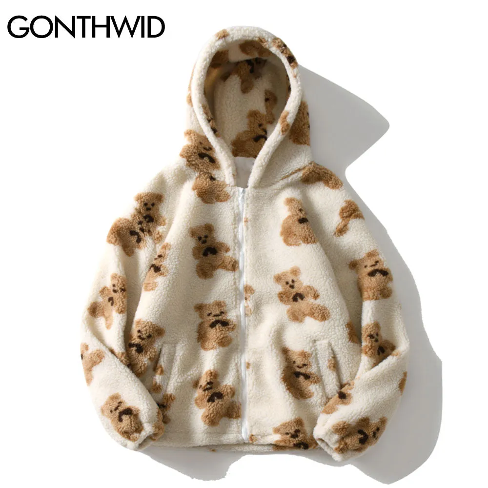 GONTHWID Fleece Hooded Jackets Streetwear Casual Harajuku Hip Hop Men Women Fashion Bear Print Full Zip Hooded Coat Tops Outwear