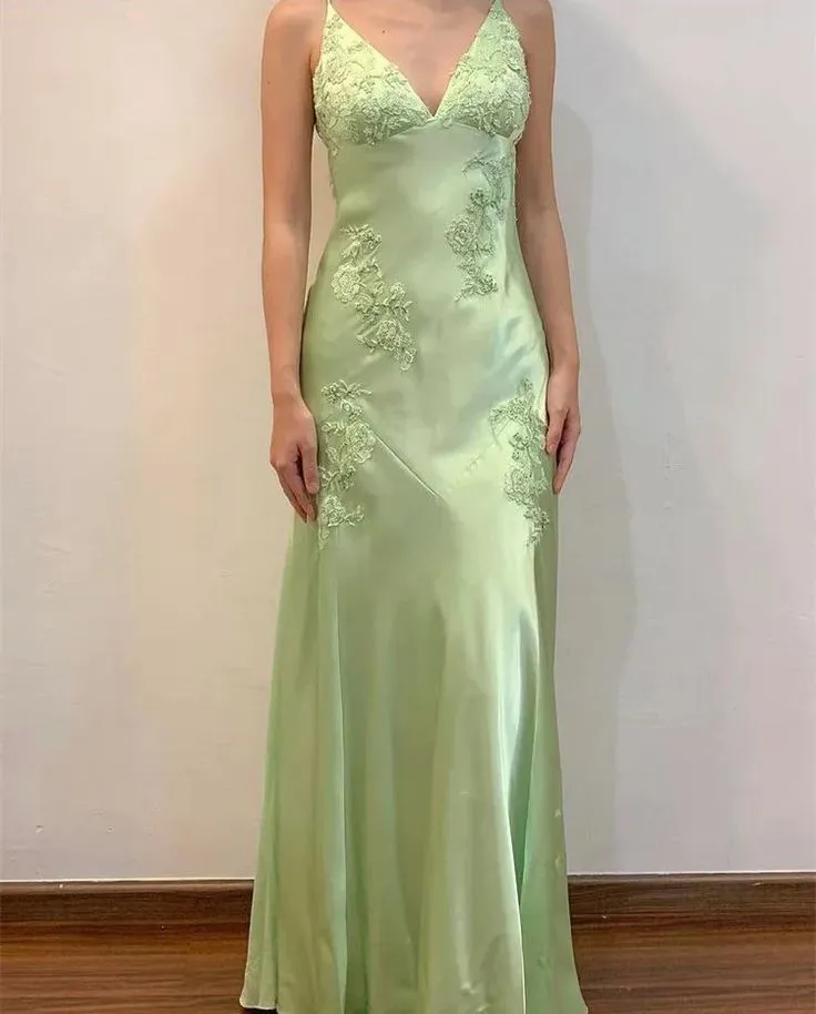 Green Vintage V Neck Beading Long Party Dress Formal Wear Dresses    fg6921