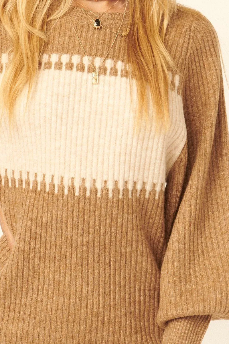 Hot Girl High Contrast Ribbed Knit Sweater Mini Dress In Camel