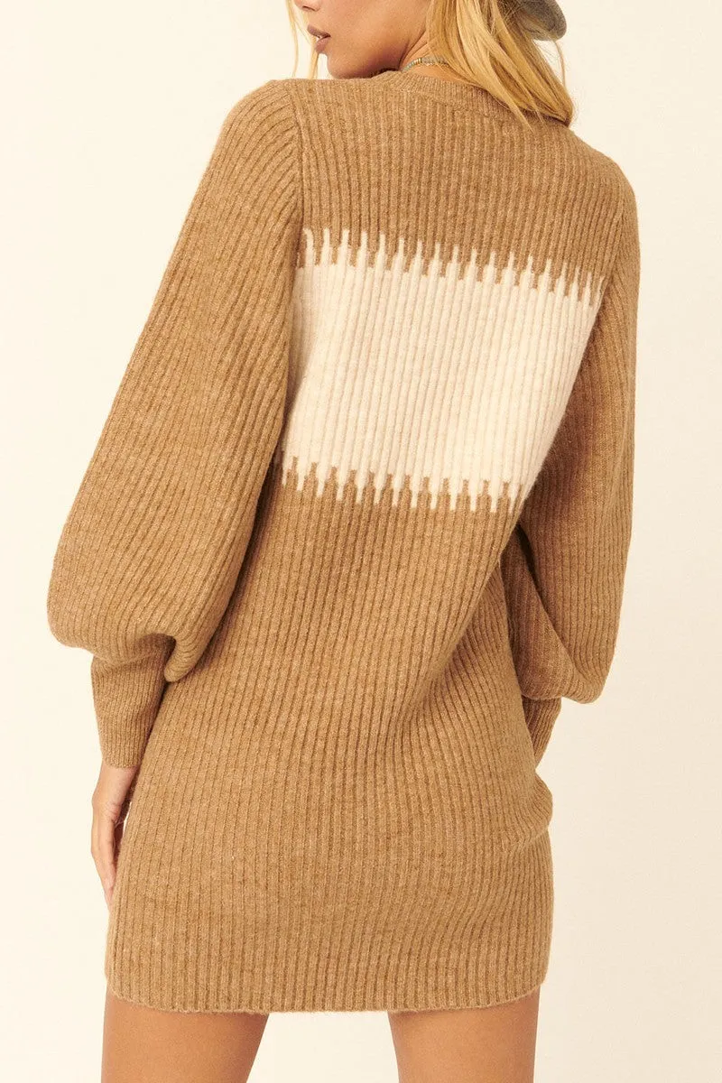 Hot Girl High Contrast Ribbed Knit Sweater Mini Dress In Camel