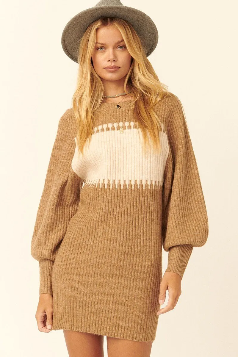 Hot Girl High Contrast Ribbed Knit Sweater Mini Dress In Camel