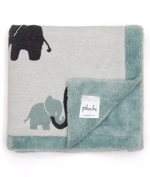 Indian Elephant - Ivory & Indus Blue Color Cotton Knitted Blanket with Faux Fur Back for Babies