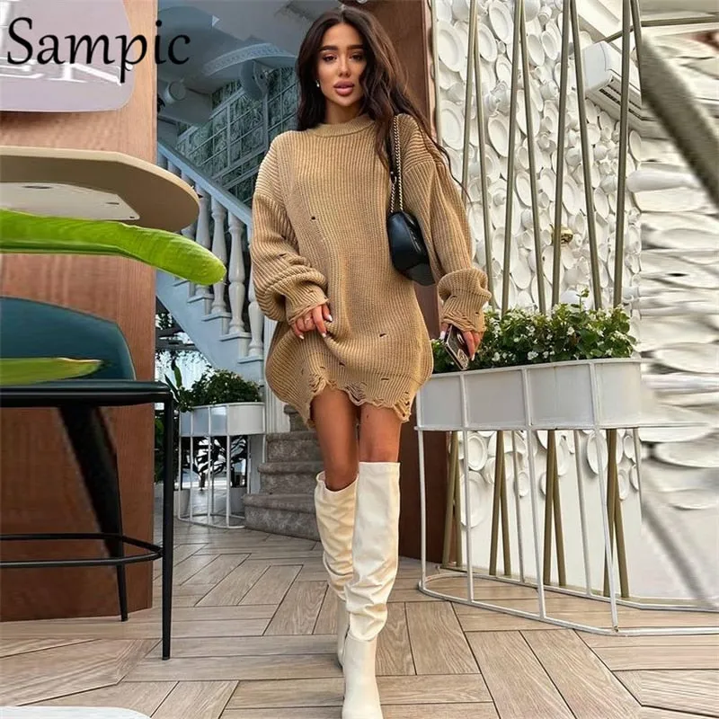 Joskaa hoco dresses Christmas Gift Sampic Pullover Knitted Loose Long Sleeve Casual Mini Sweater Dress 2024 Autumn Winter Y2K Basic O Neck Sexy Party Club Dresses