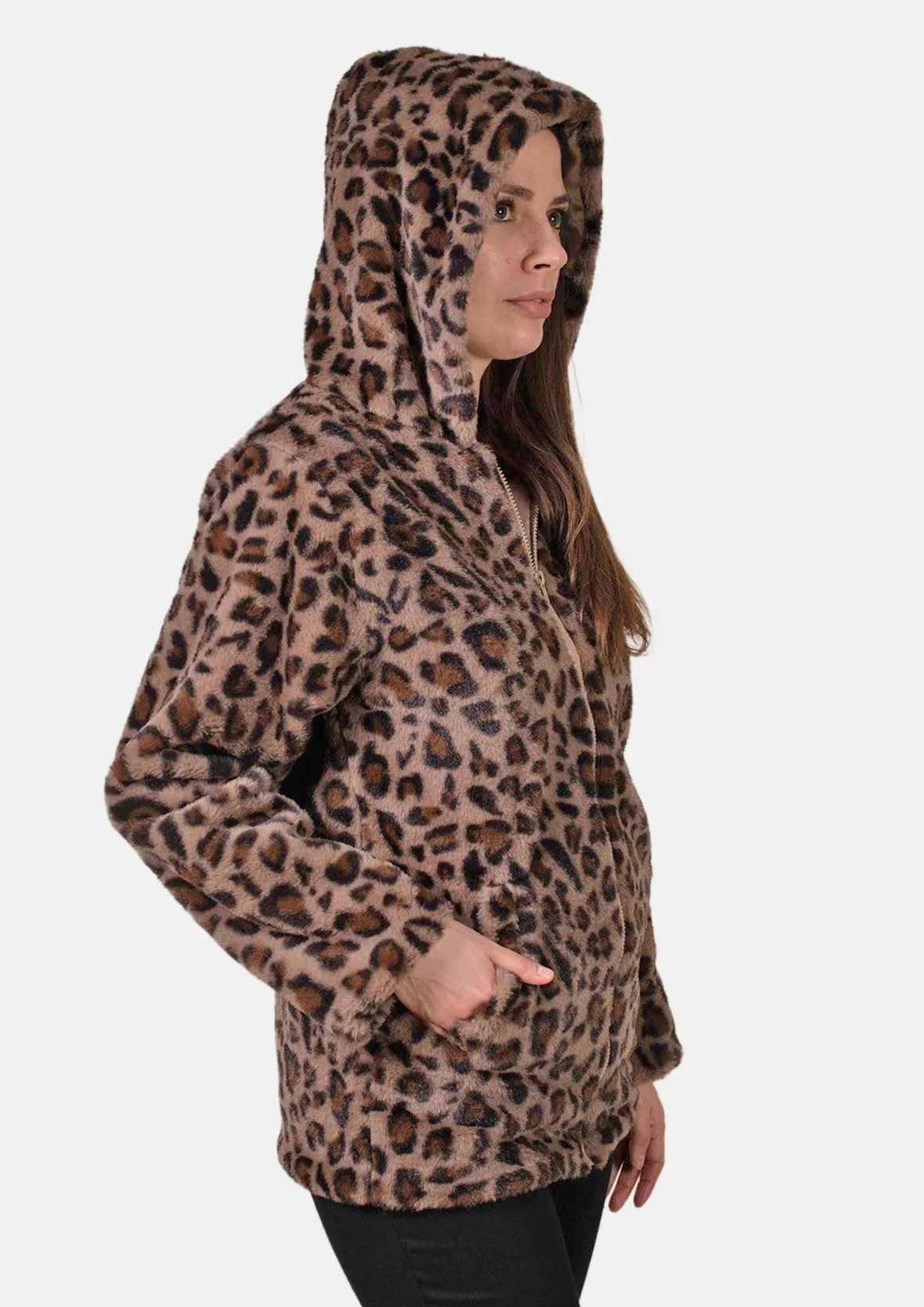 Leopard Faux Fur Coat With Hood