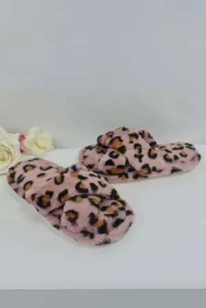 Leopard Pattern Fluffy Fur Cross Strap Slipper